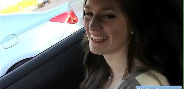  Lovely teen big tit amateur girl Summer flash her boobs in the airport and touch herself in the car